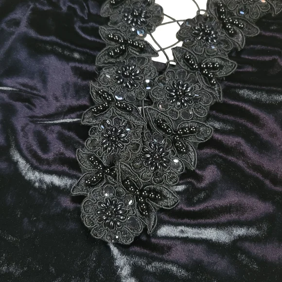 Topshop Lace Up Velvet Bodysuit Womens 4 Black Fairy Goth Floral Applique Dark - Picture 5 of 11